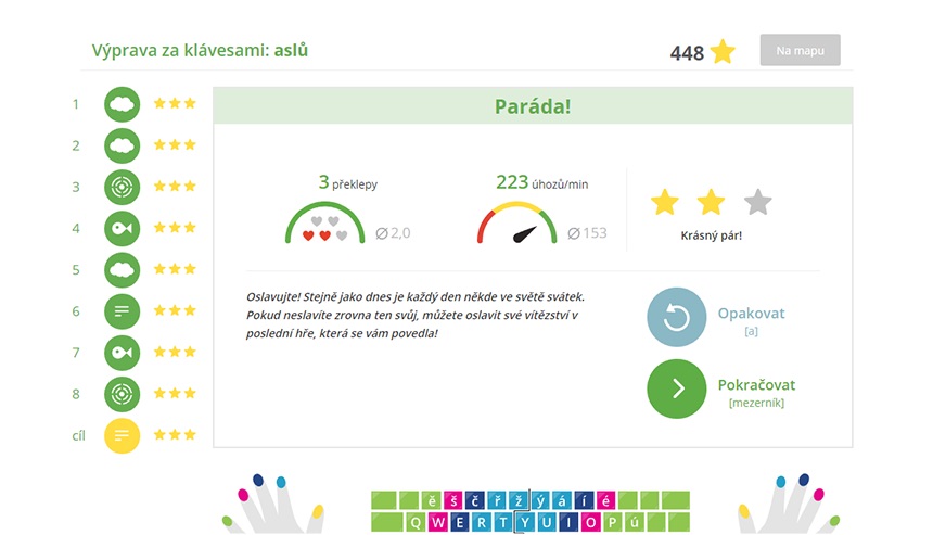 Rychlost a přesnost psaní po každé dohrané hře